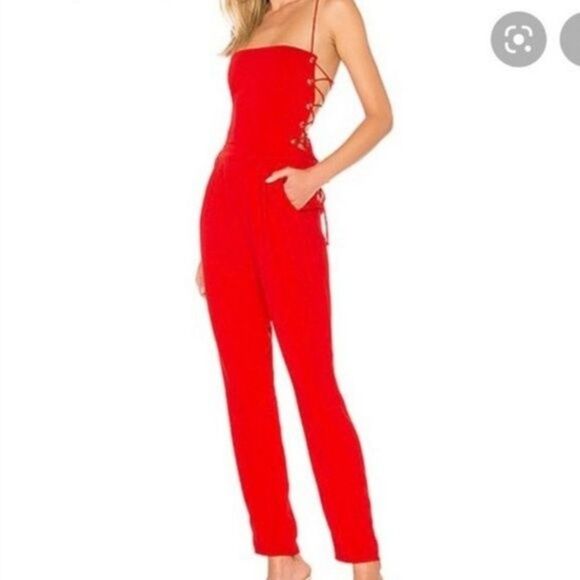 By the Way Kathleen Strap Red Lace Up Back Tapered Pant Jumpsuit - Picture 1 of 7